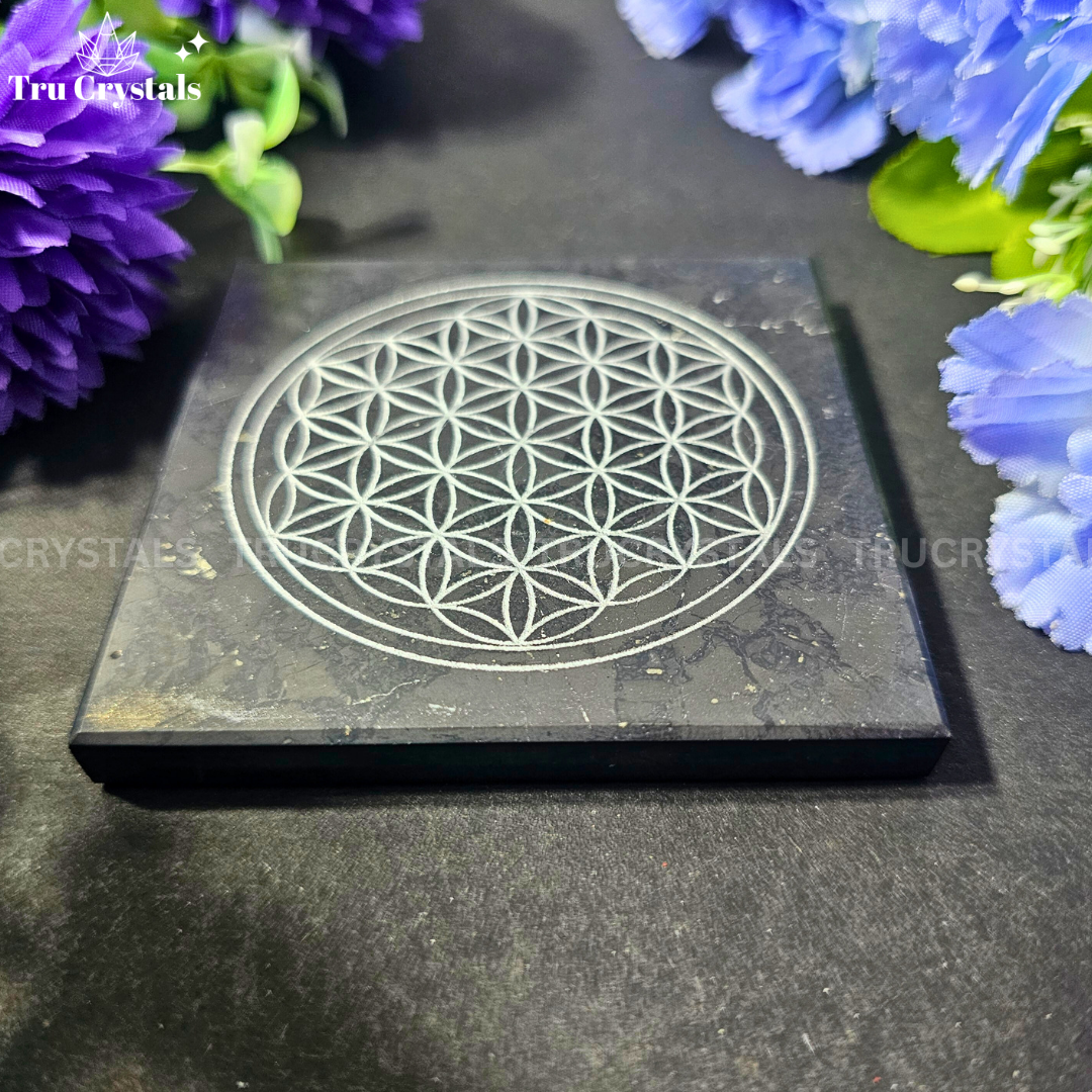 Shungite Flower of Life Plate for EMF Protection (3x3)-With Certificate