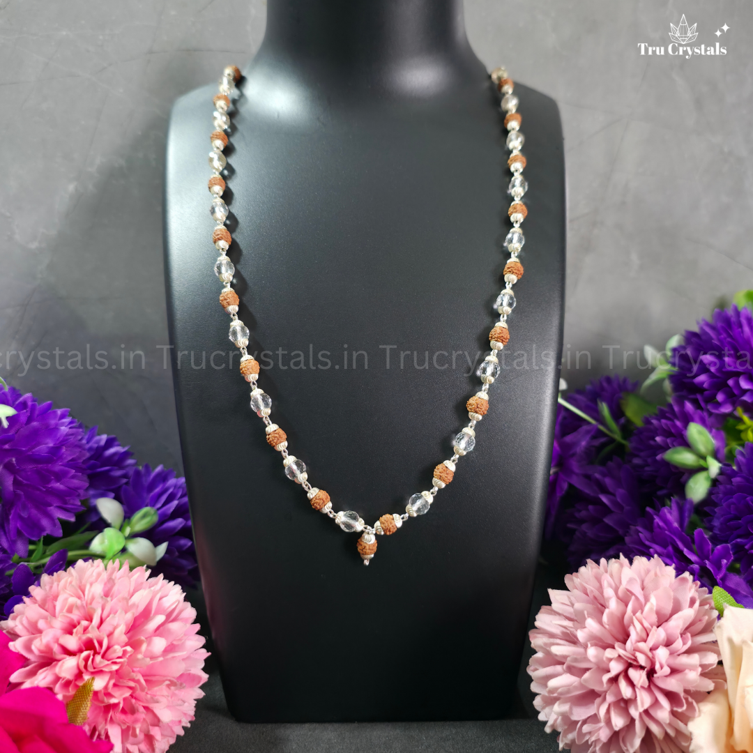 Sterling Silver Rudraksha & Clear Quartz Faceted Japa Mala-6mm