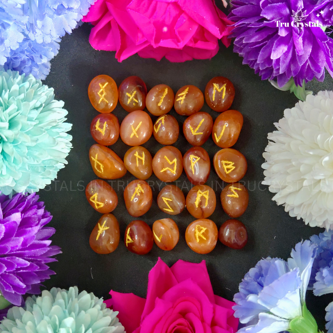 Orange Carnelian Crystal Runes – Hand-Carved Divination Set for Creativity, Courage & Manifestation