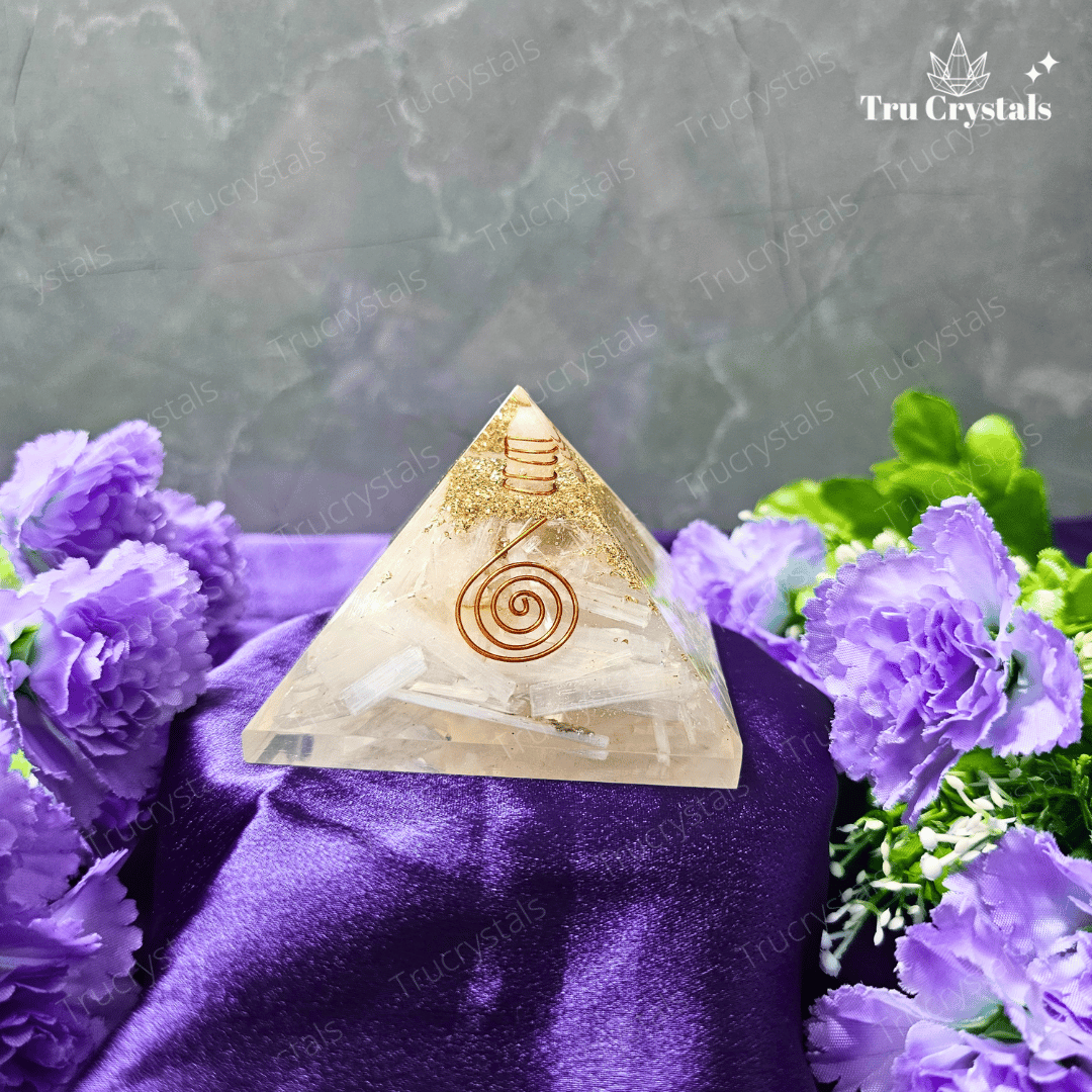Selenite Orgonite Pyramid For Energy Cleansing