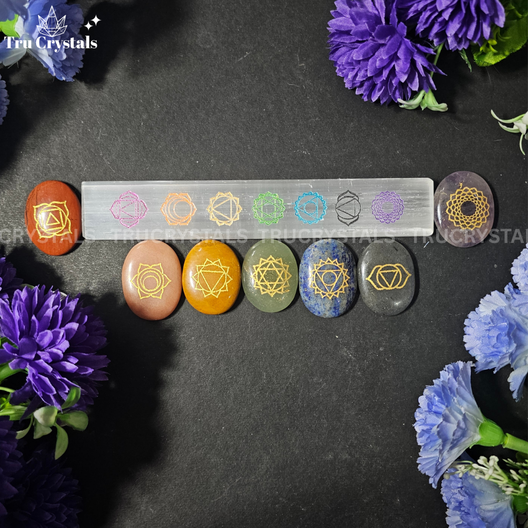7 Chakra healing stone set with Chakra Selenite charging bar
