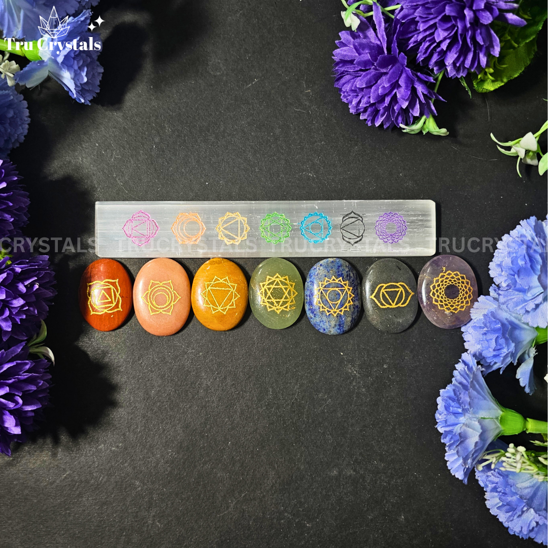 7 Chakra healing stone set with Chakra Selenite charging bar