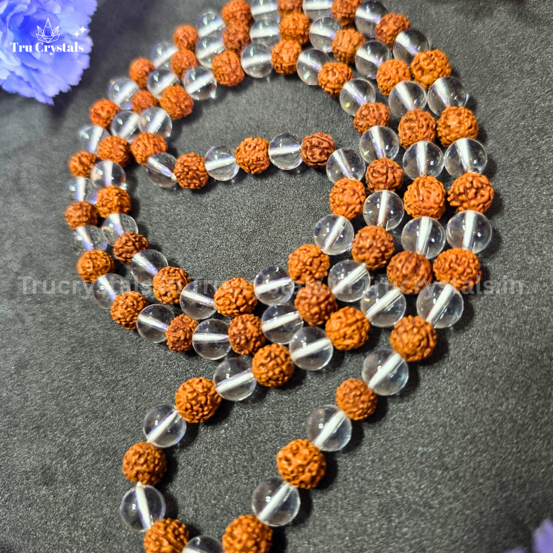 Rudraksha Clear Quartz Mala – Sacred Japa Mala for Clarity