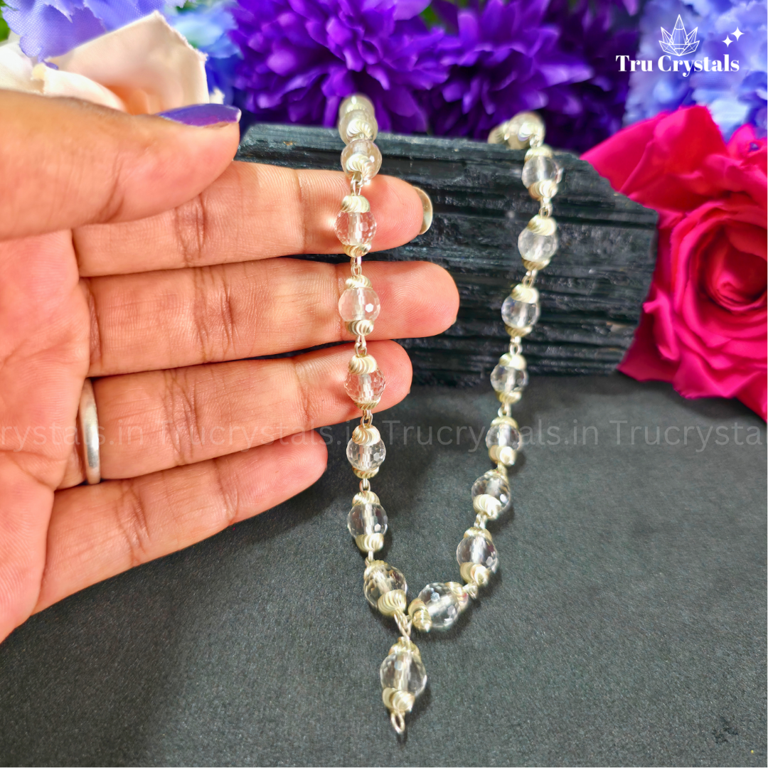 Sterling Silver Clear Quartz (Sphatik) Faceted Japa Mala (6 mm)