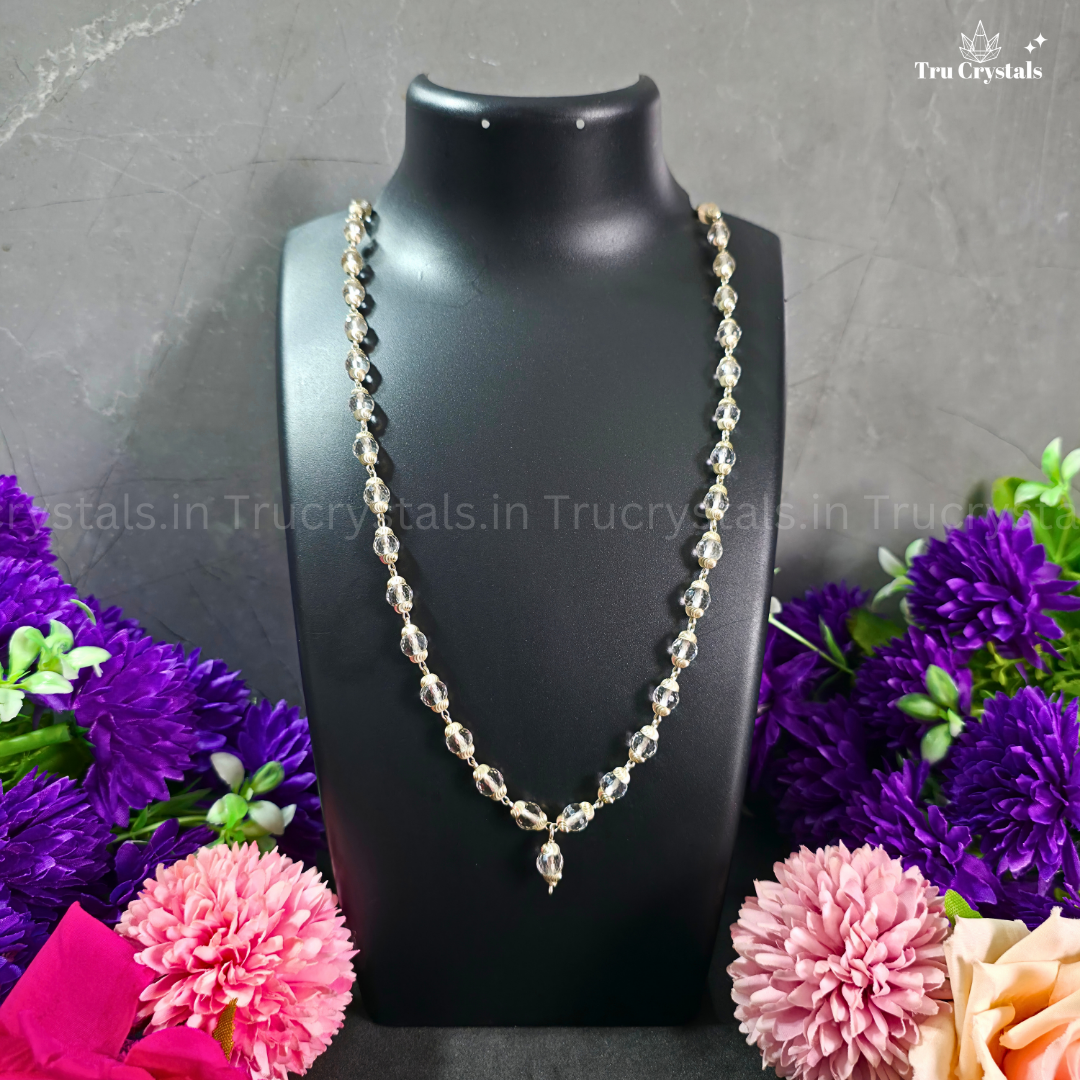 Natural Clear Quartz Faceted 6 mm 54 beads Japa Mala with worked with sterling silver and silver bead caps ideal for meditation and spiritual practice.