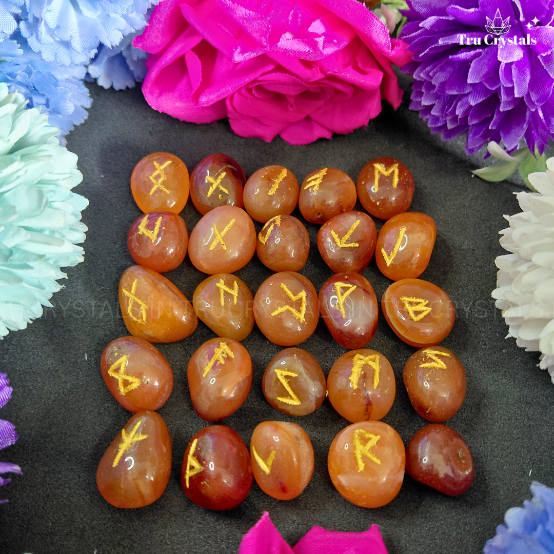 Orange Carnelian Crystal Runes – Hand-Carved Divination Set for Creativity, Courage & Manifestation