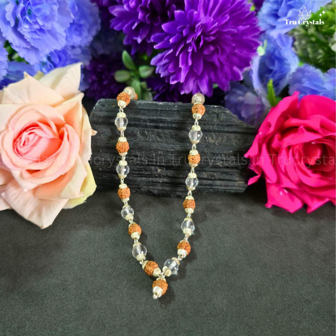 Sterling Silver Rudraksha & Clear Quartz Faceted Japa Mala-6mm