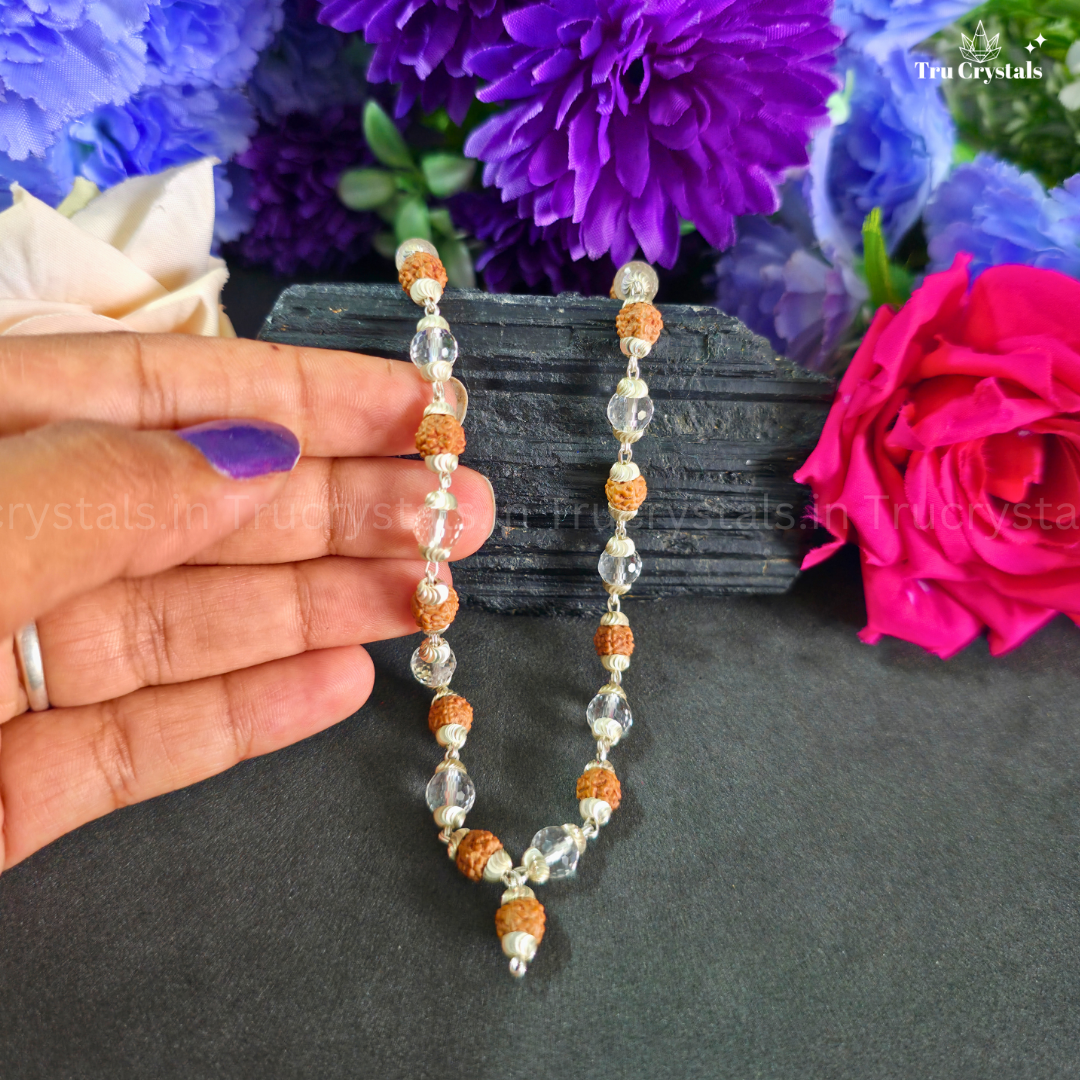 Sterling Silver Rudraksha & Clear Quartz Faceted Japa Mala-6mm