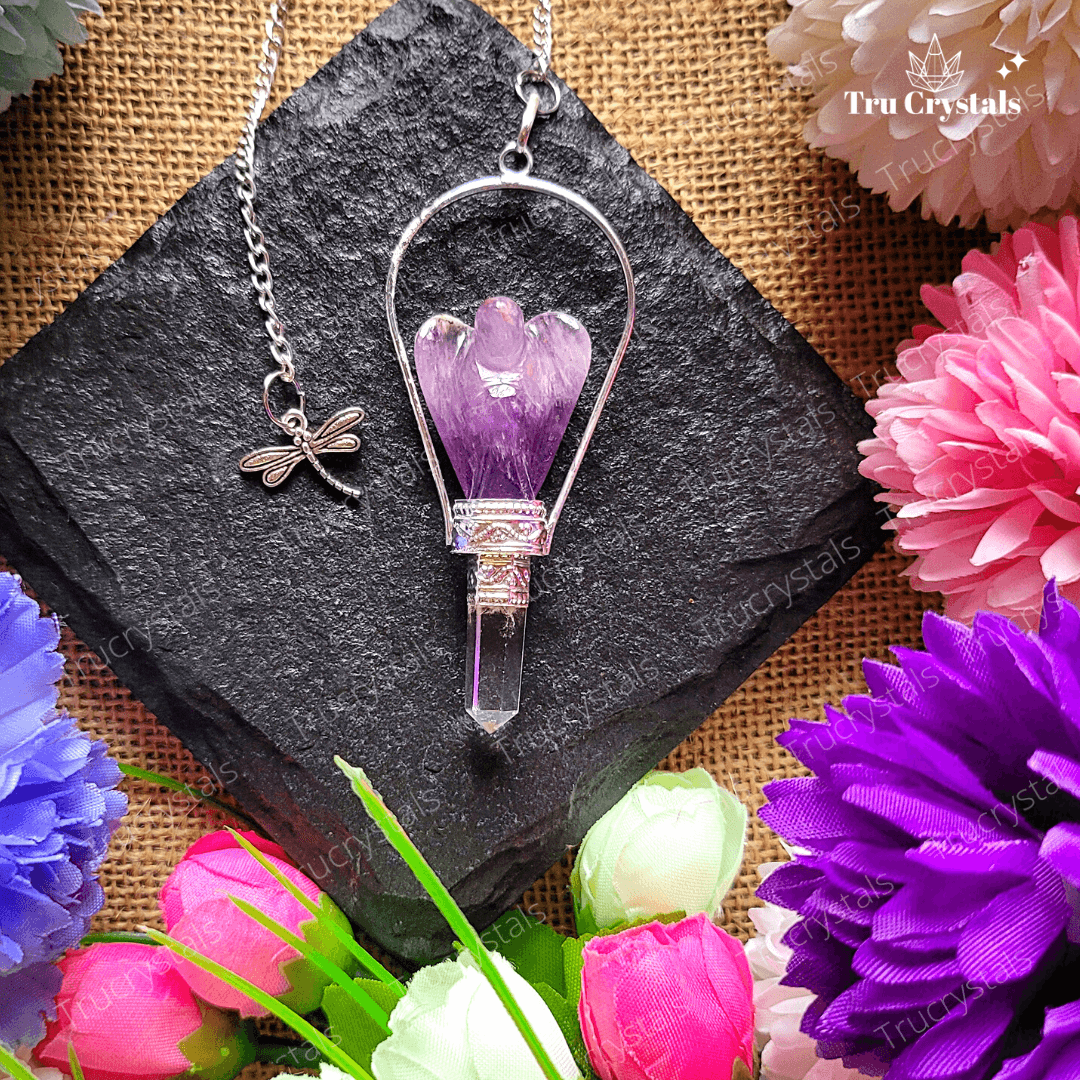 Amethyst and Clear Quartz Angel Pendulum