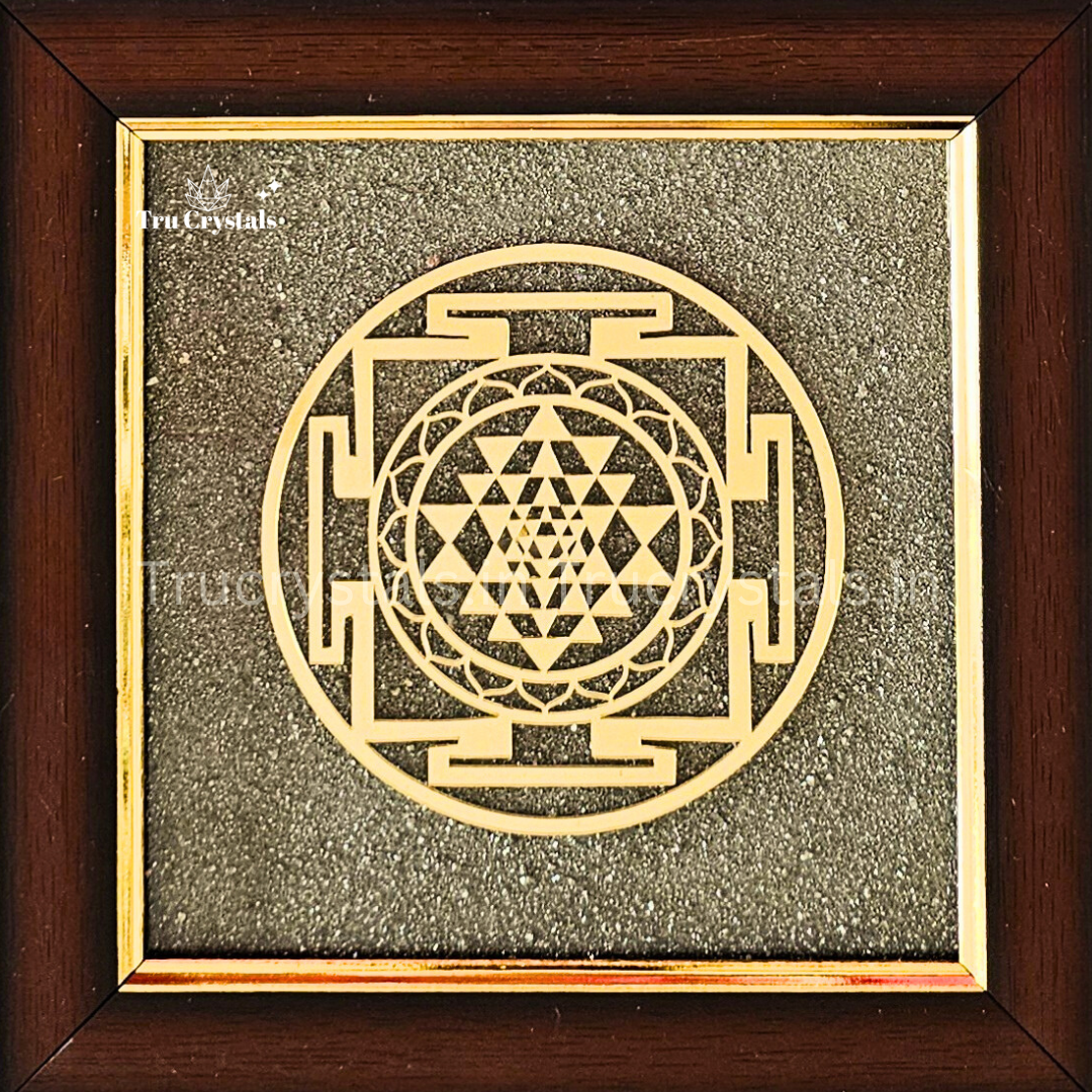 Pyrite Dust Frame with Sri yantra – Attract Wealth, Clarity & Cosmic Protection