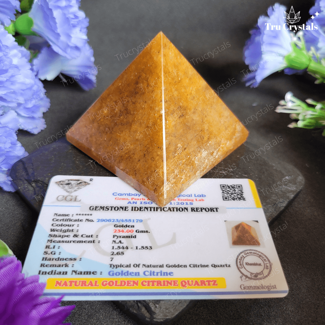 Natural Golden Citrine Quartz Pyramid (Certified)