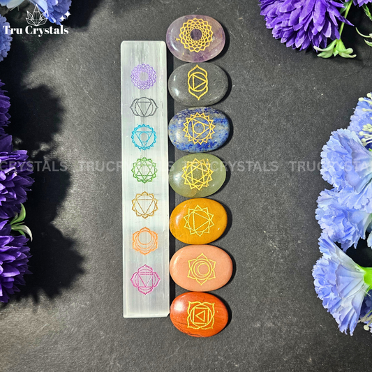 7 Chakra healing stone set with Chakra Selenite charging bar