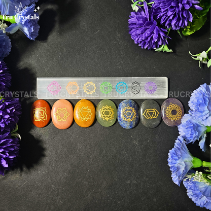 7 Chakra healing stone set with Chakra Selenite charging bar