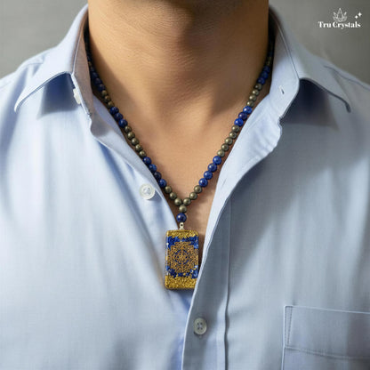 Lapis Lazuli & Pyrite Shri Yantra Necklace for Abundance