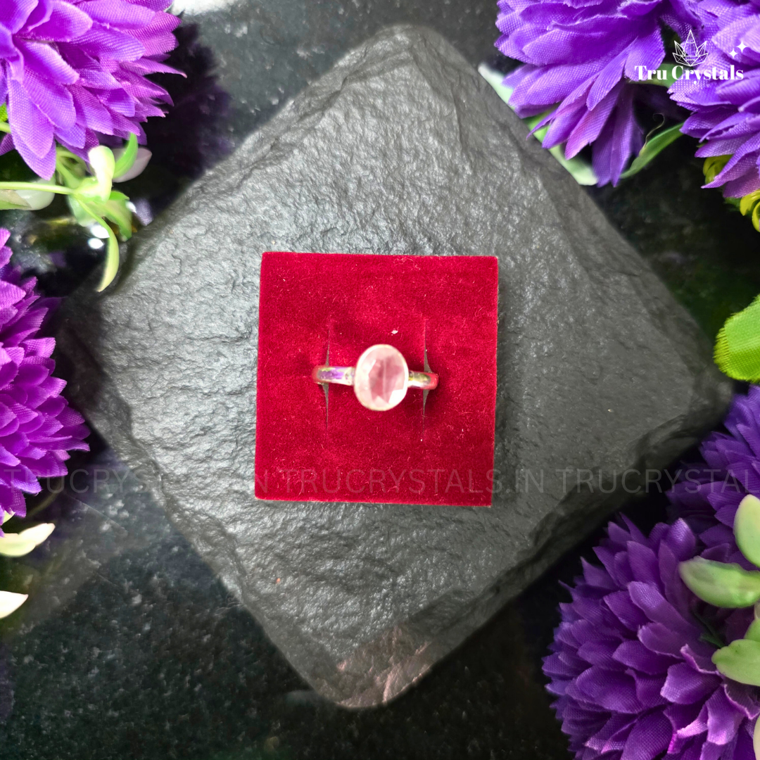 Silver Rose Quartz Faceted Ring- Oval (Adjustable)