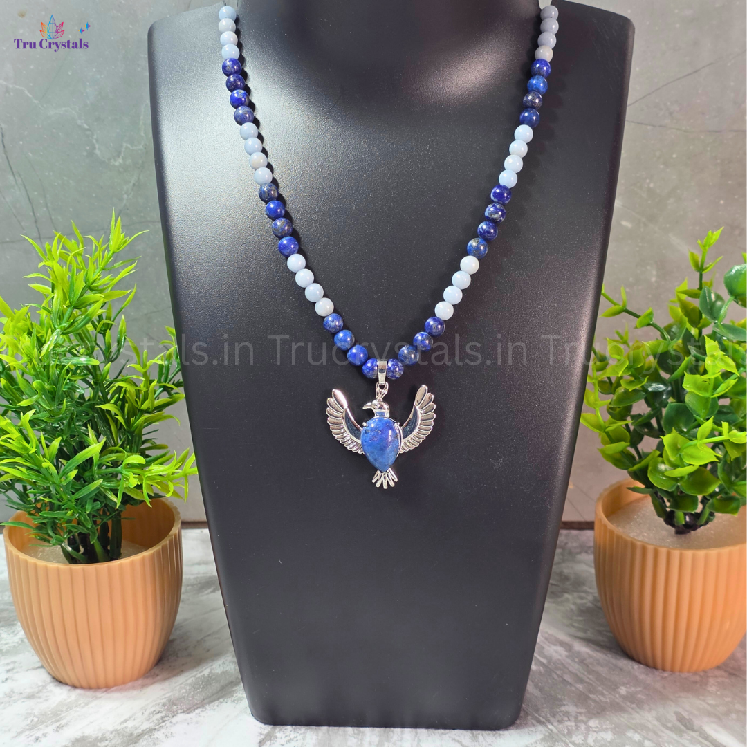 Lapis Lazuli & Angelite Bird Pendant Necklace – Communication, Calm & Intuition