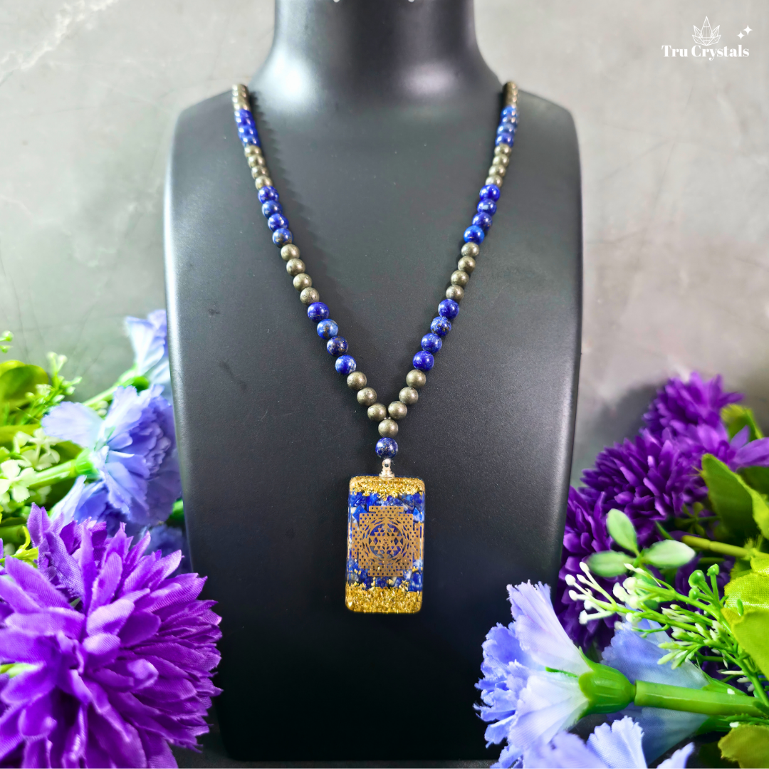 Lapis Lazuli & Pyrite Shri Yantra Necklace for Abundance
