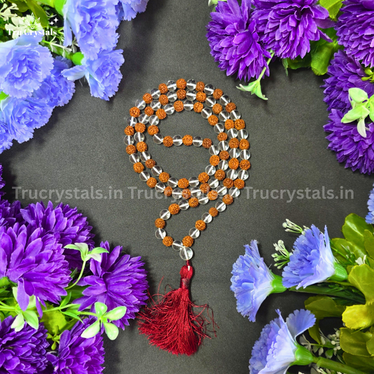 Rudraksha Clear Quartz Mala – Sacred Japa Mala for Clarity