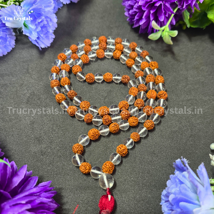 Rudraksha Clear Quartz Mala – Sacred Japa Mala for Clarity