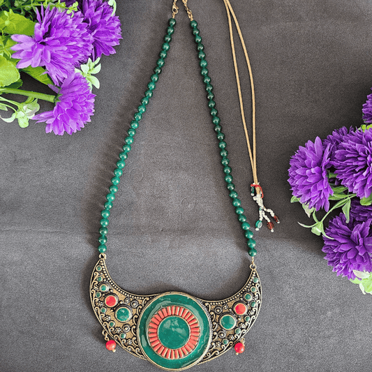 Jade Necklace with Nepali Coral & Brass Pendant