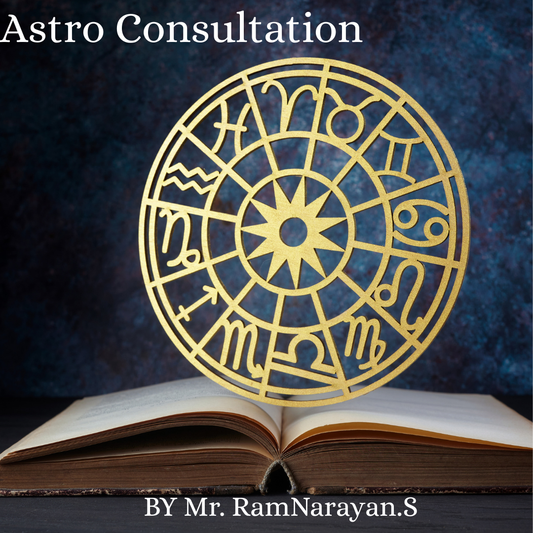 Astrological symbol on an open book with a dark background and text 'Astro Consultation by Mr. RamNarayan.S'.