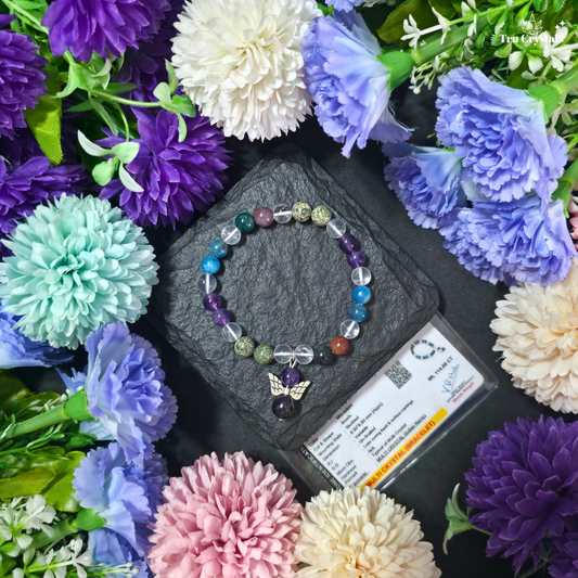Weight Loss Support crystal bracelet with Amethyst, Blue Apatite, Clear Quartz, Seraphinite and Bloodstone for motivation, consistency and wellness intentions by TruCrystals