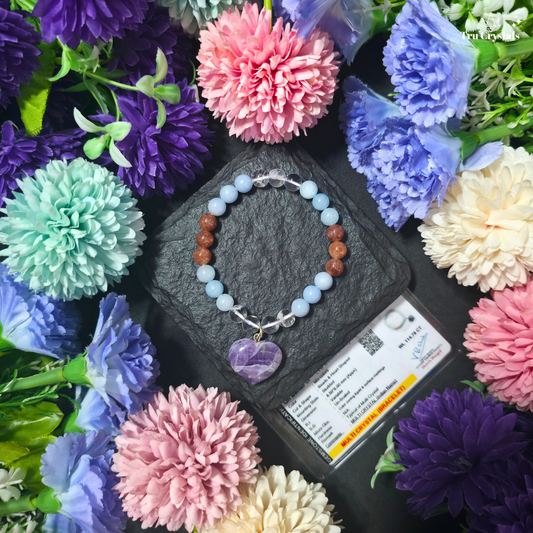 A multicolored stone bracelet presented on a white platform with a purple background featuring the logo 'Tru Crystals'. The bracelet composed of Aquamarine, sunstone, clear quartz,angelite and amethyst round beads and one large amethyst crystal at the center.
