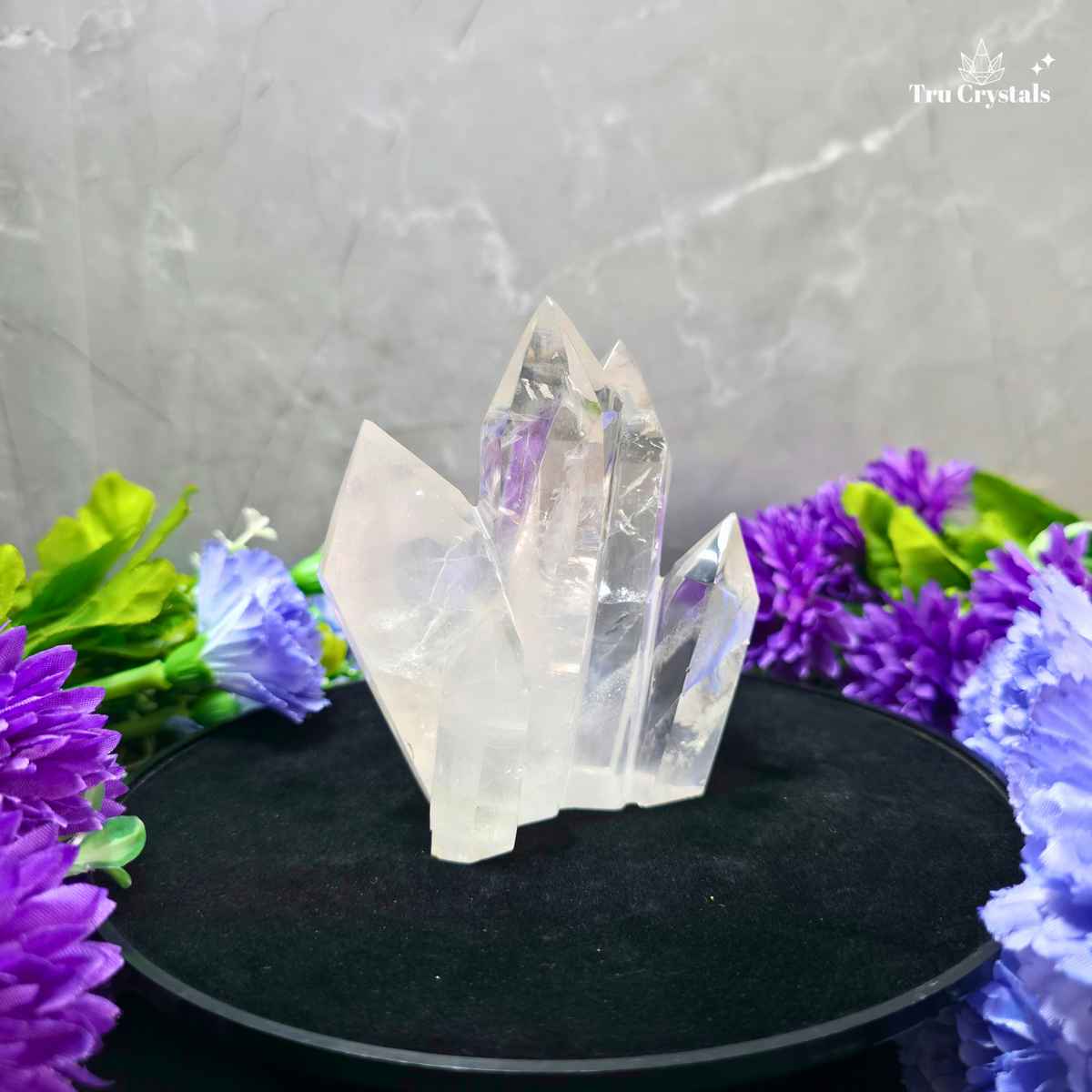 A cluster of clear quartz crystal points displayed on a black circular stand, surrounded by purple and blue flowers against a gray marble-textured background. The Tru Crystals logo is visible in the top right corner.