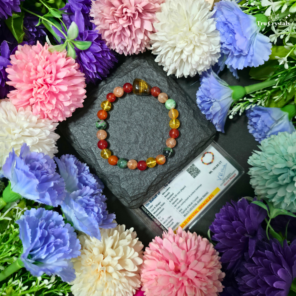 Leo Zodiac Birthstone Bracelet with 8 mm Sunstone, Carnelian, Ruby Zoisite, Tiger Eye and Citrine crystal beads by TruCrystals