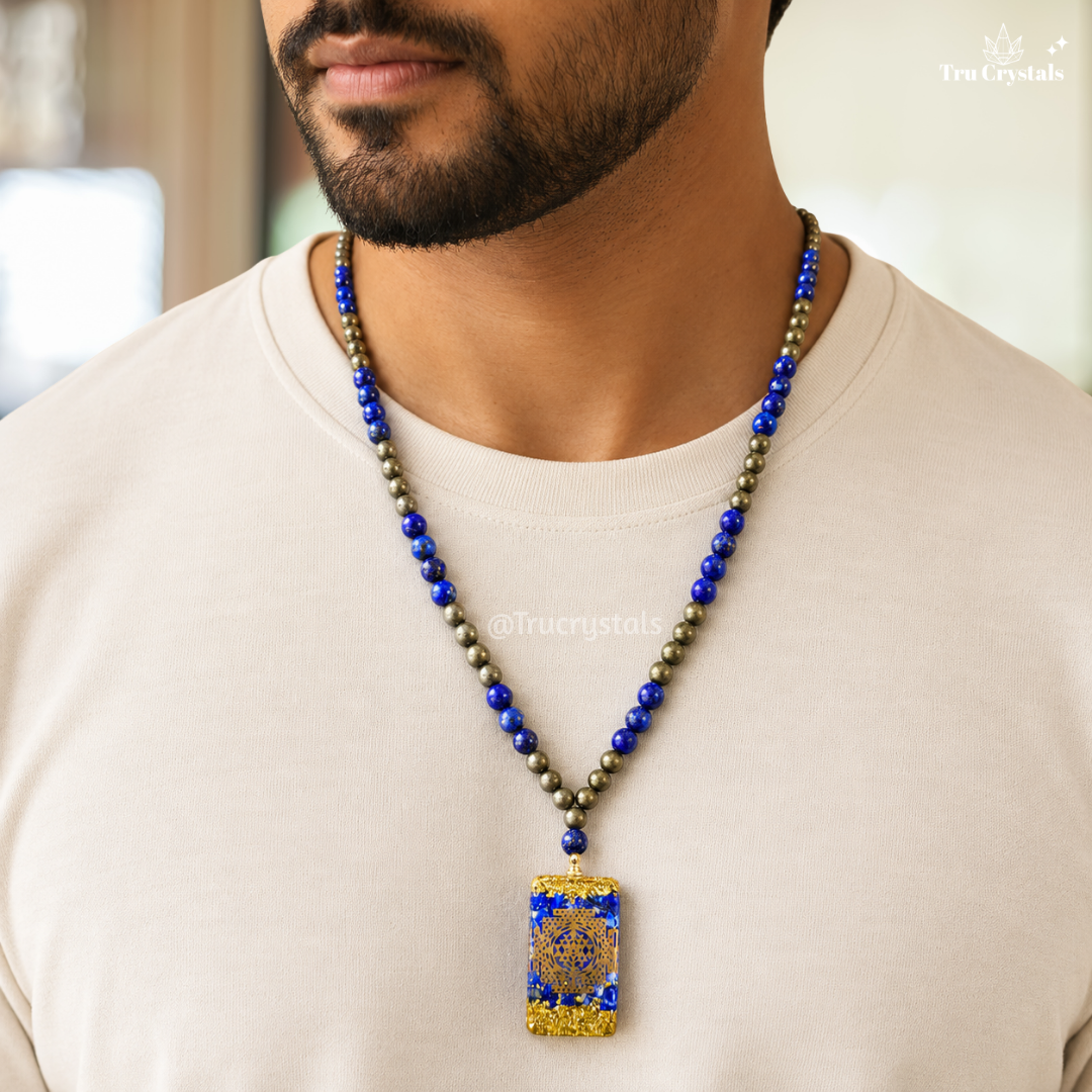 Lapis Lazuli & Pyrite Shri Yantra Necklace for Abundance