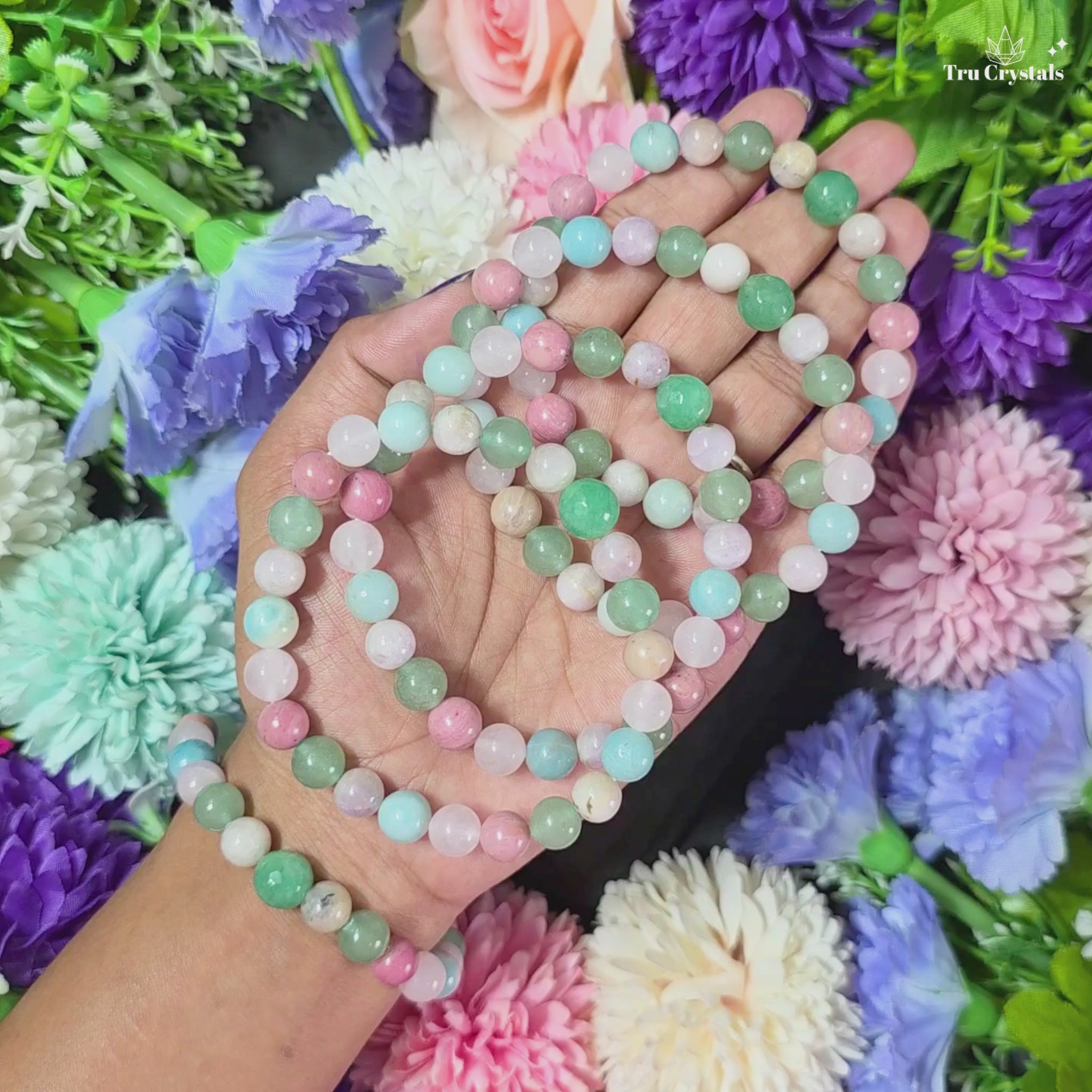 Heart Chakra crystal bracelet with Green Aventurine, Amazonite, Rhodochrosite, Rose Quartz and Kunzite beads by TruCrystals.