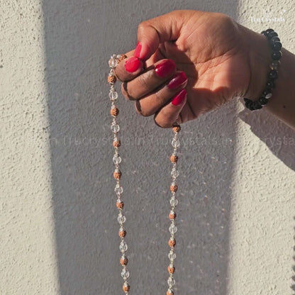 Sterling Silver Rudraksha & Clear Quartz Faceted Japa Mala-6mm
