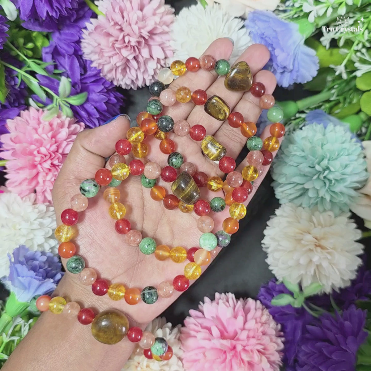 Leo Zodiac Birthstone Bracelet with 8 mm Sunstone, Carnelian, Ruby Zoisite, Tiger Eye and Citrine crystal beads by TruCrystals
