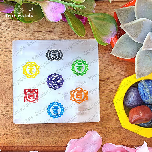 7 chakra Selenite plate (color) (3x3 Inches)