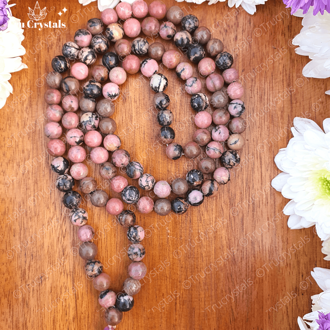 Rhodonite Crystal Japa mala: To achieve your Highest potential