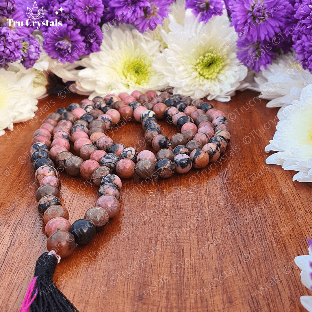 Rhodonite Crystal Japa mala: To achieve your Highest potential