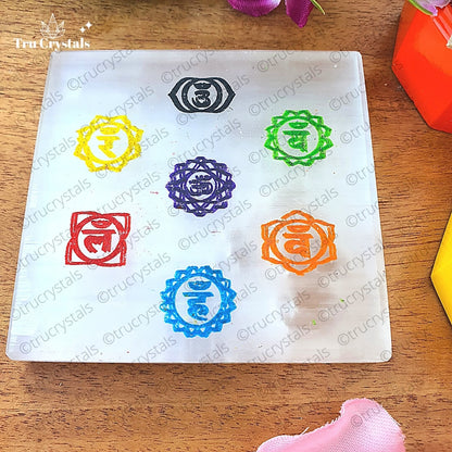7 chakra Selenite plate (color) (3x3 Inches)