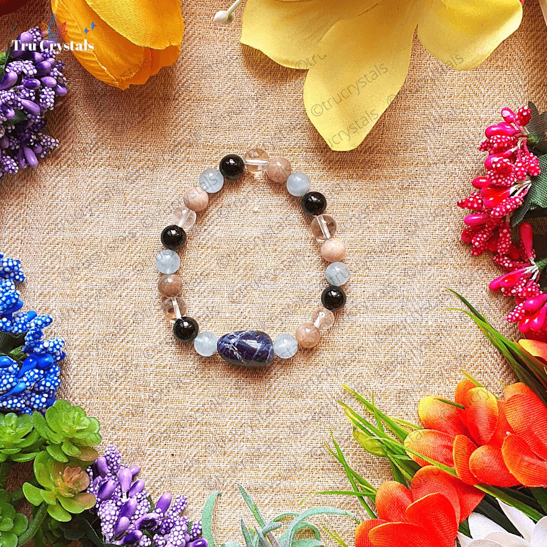 Aquarius Zodiac Birthstone Bracelet with 8 mm Black Tourmaline, Moonstone, Aquamarine, Sodalite and Clear Quartz crystal beads by TruCrystals