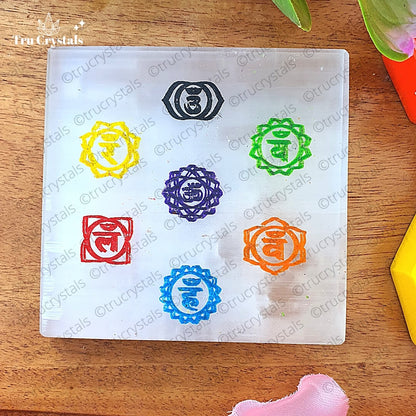 7 chakra Selenite plate (color) (3x3 Inches)