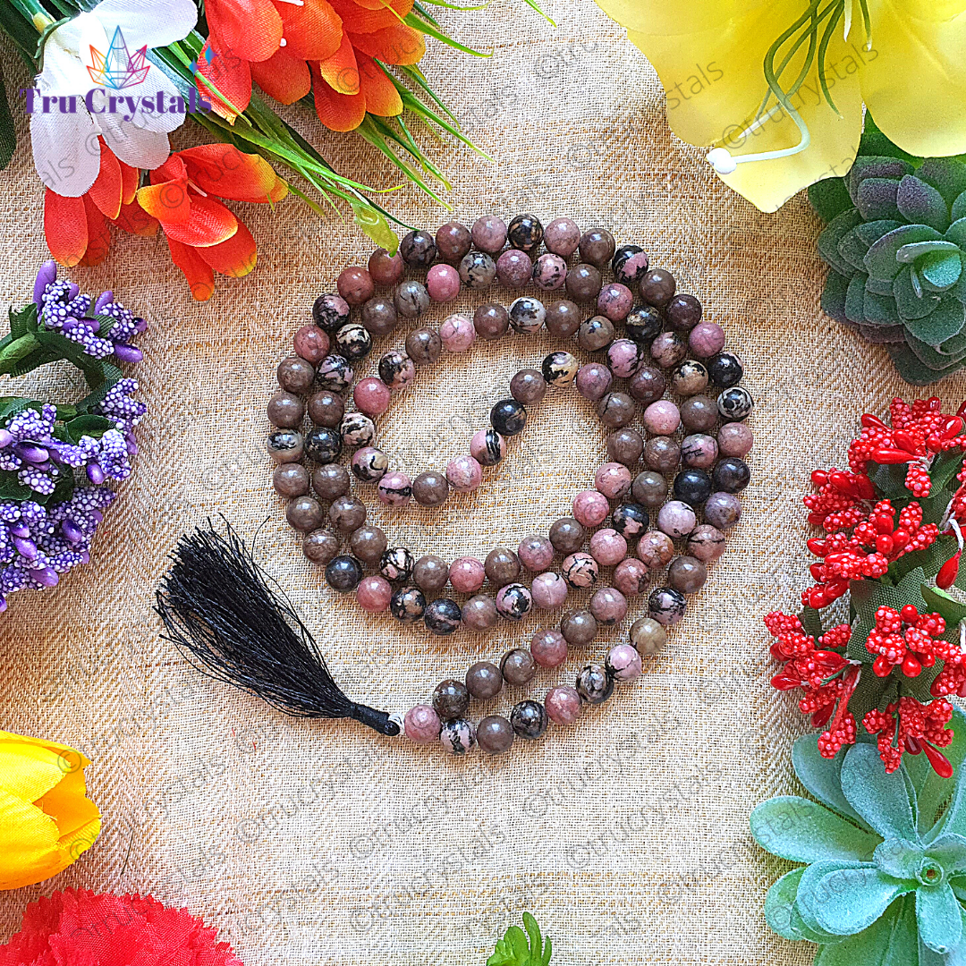 Rhodonite Crystal Japa mala: To achieve your Highest potential